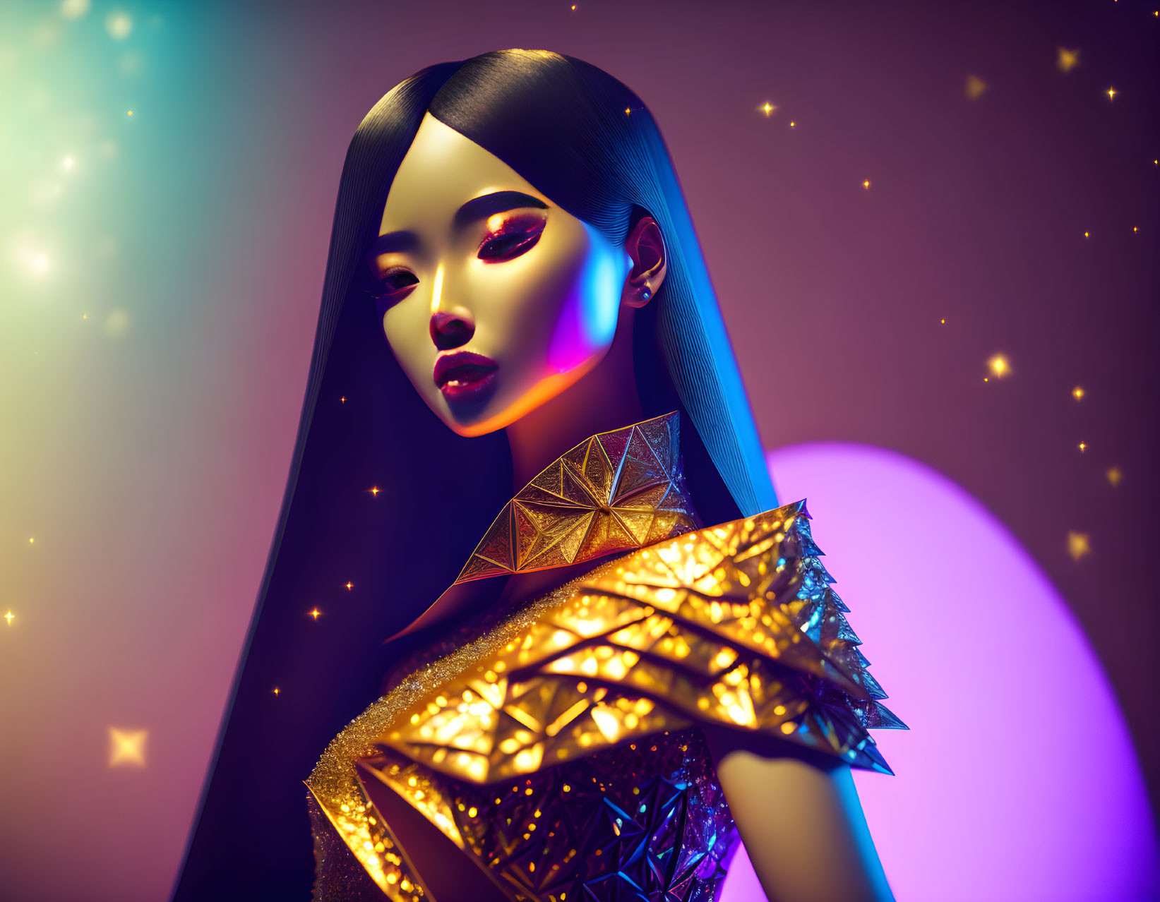 Digital artwork: Woman with black bob, golden shoulder armor, neon light, glowing orb.