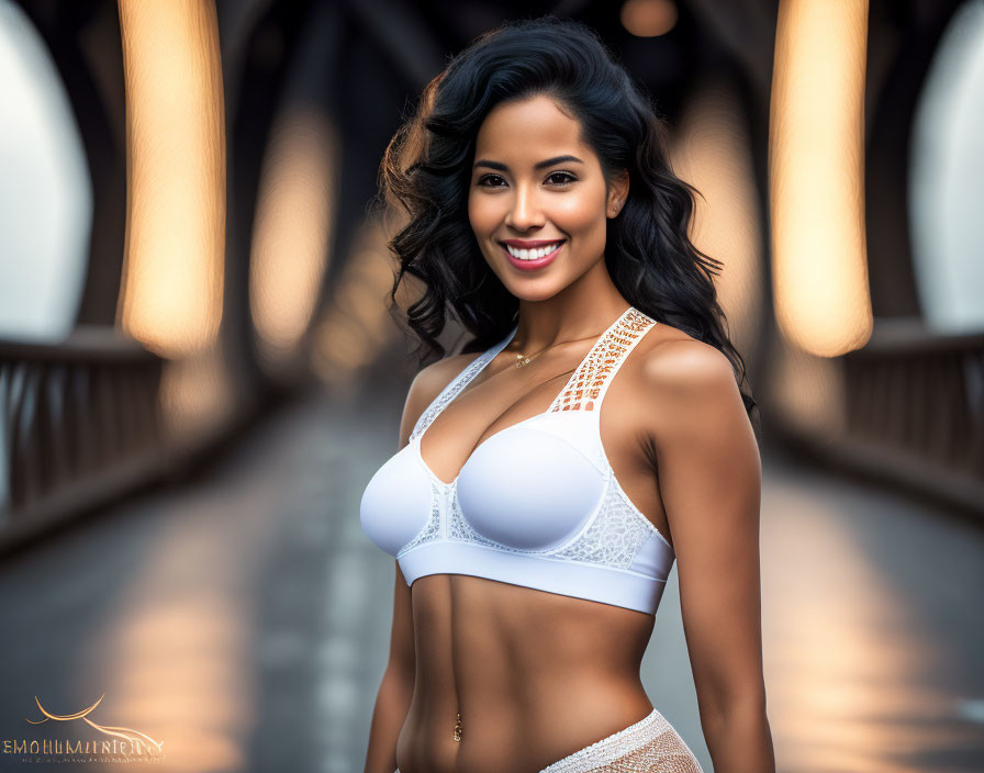 Smiling woman in white sportswear on bridge with geometric patterns