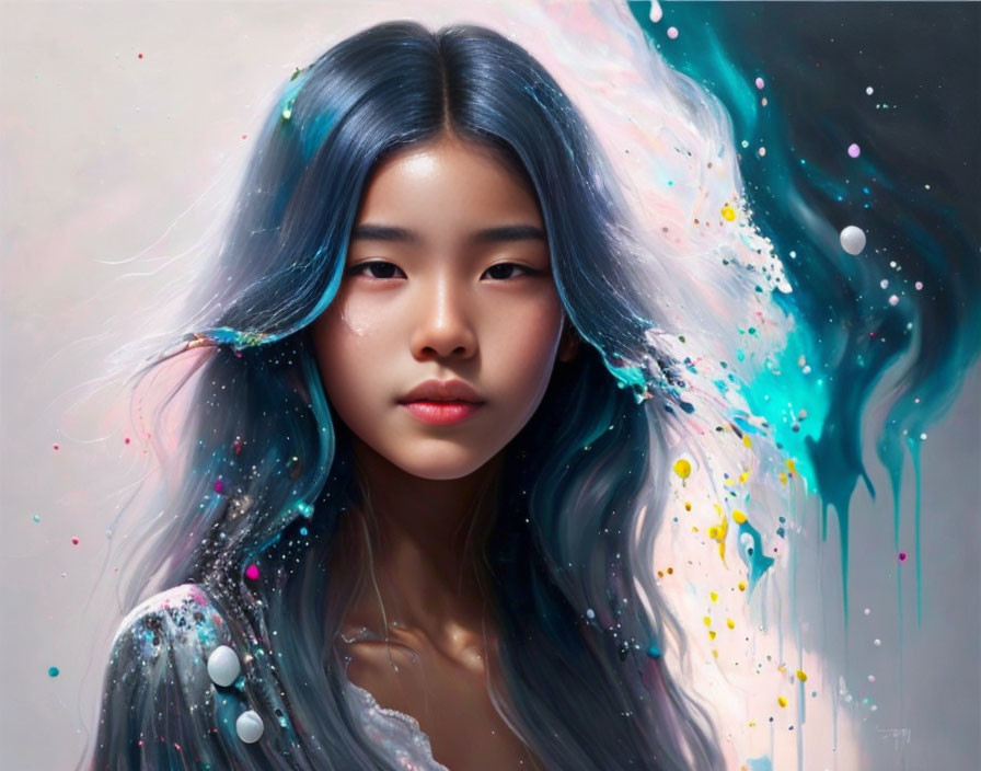 Young woman with flowing hair merging into cosmic burst of colors