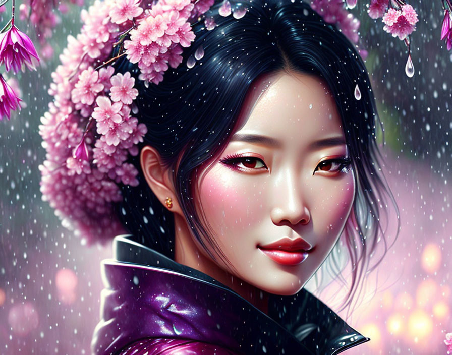 Woman with pink flower hair in digital art.