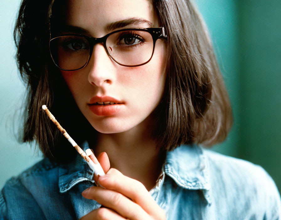 Person with short hair and glasses in denim shirt holding a cigarette