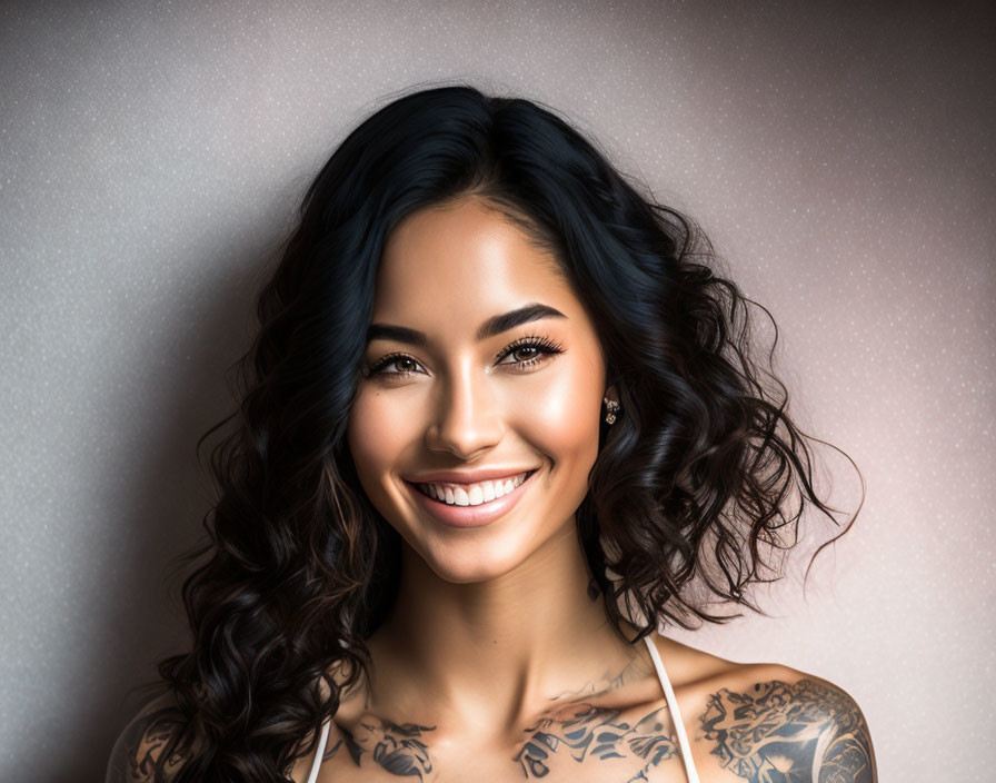 Curly-Haired Woman with Tattoos in White Top and Sparkling Earrings