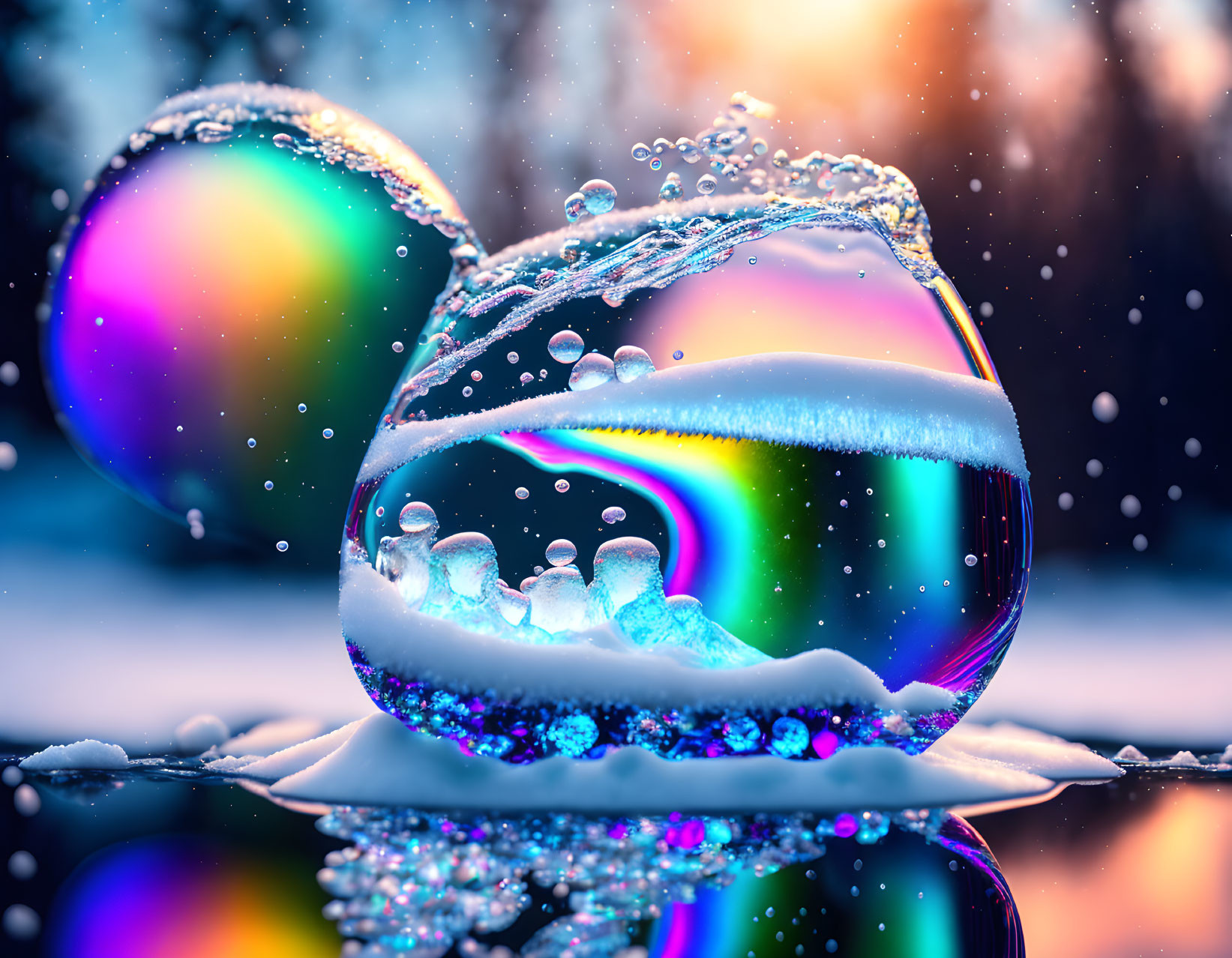 Rainbow light spectrum reflected in crystal ball on water splashes.