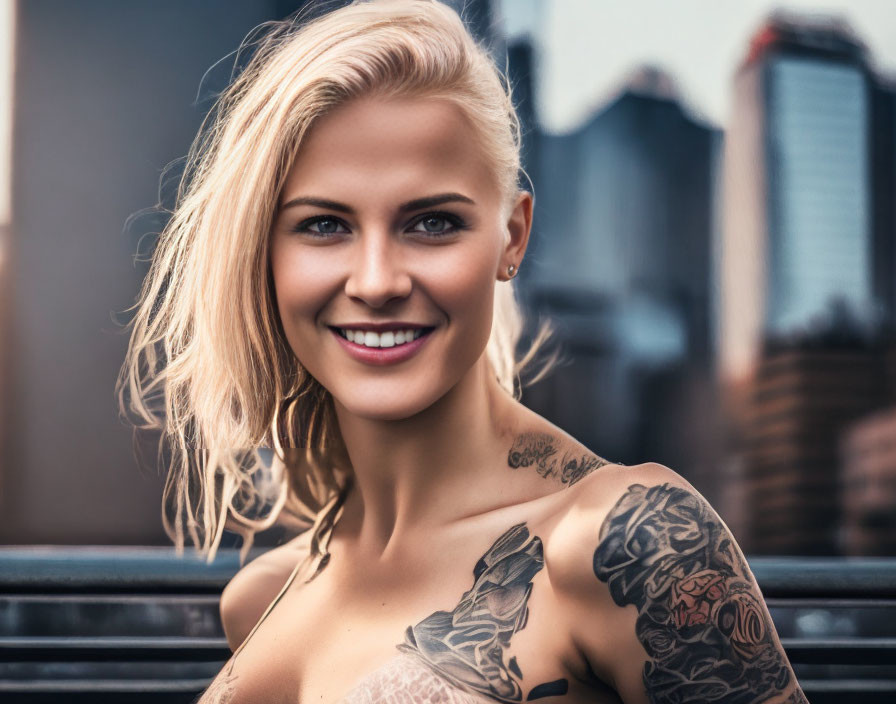 Blonde woman with arm tattoos against cityscape background