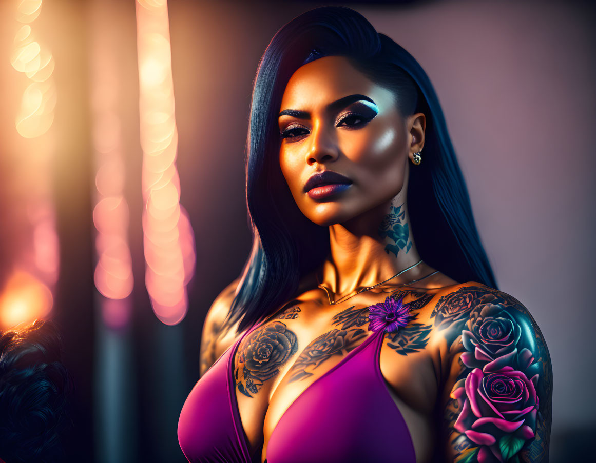 Digital illustration: Woman with dramatic makeup and floral tattoos on arms, chest, and neck against colorful background