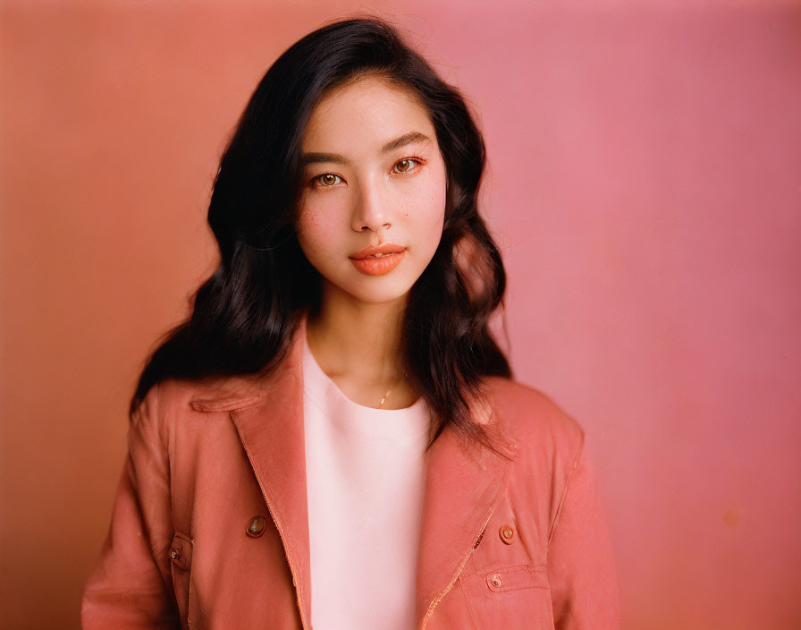 Woman with Long Dark Hair in Pink Jacket on Soft Pink Background