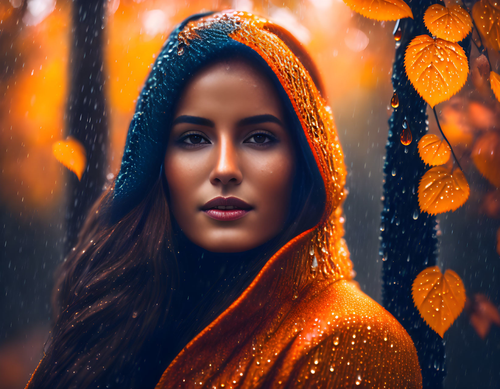 Woman in orange hood and blue cap in rainy autumn scene with vibrant leaves