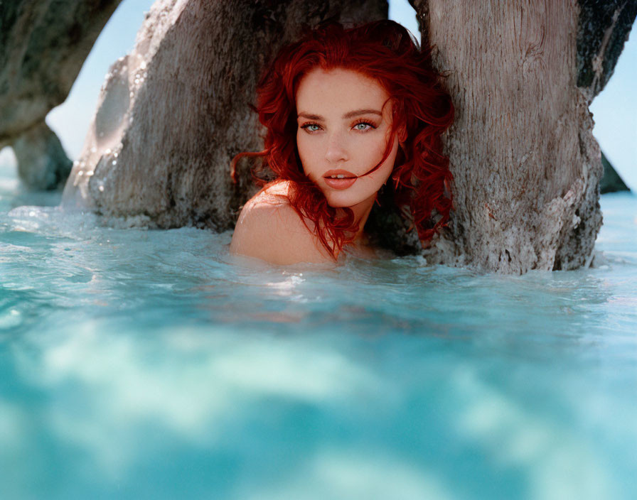 Red-haired woman in blue water by rock, gazing at camera