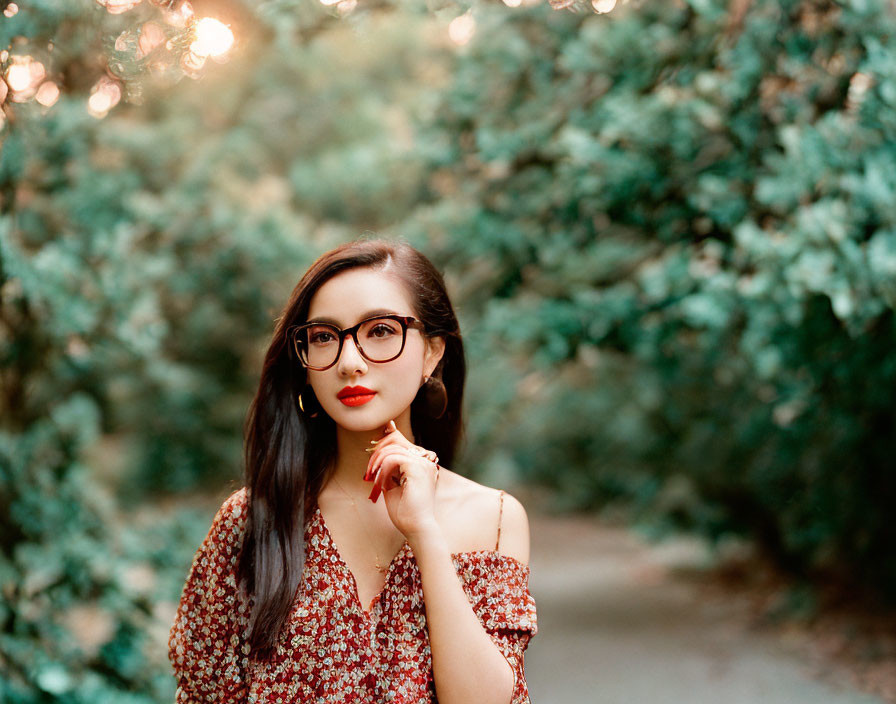 Woman in glasses with red patterned top among green foliage