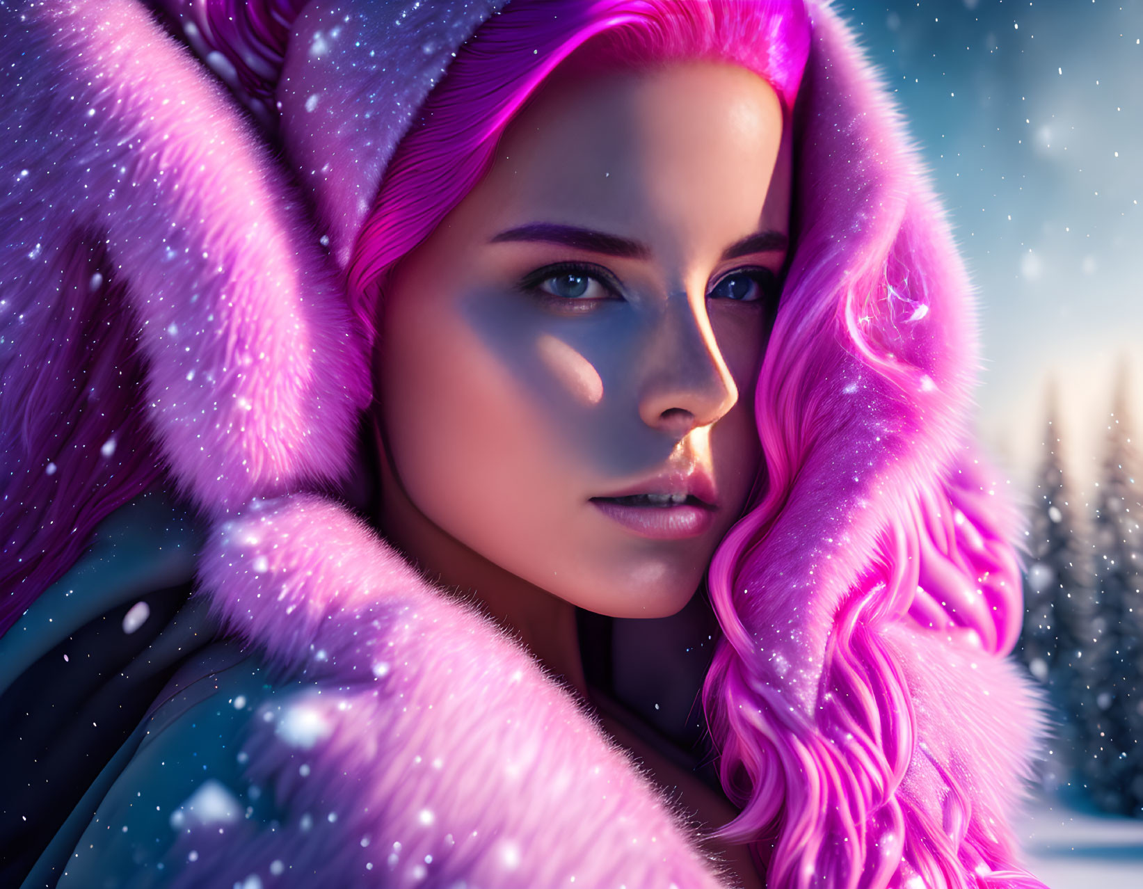 Vibrant pink hair woman in furry hood gazes in snowy forest