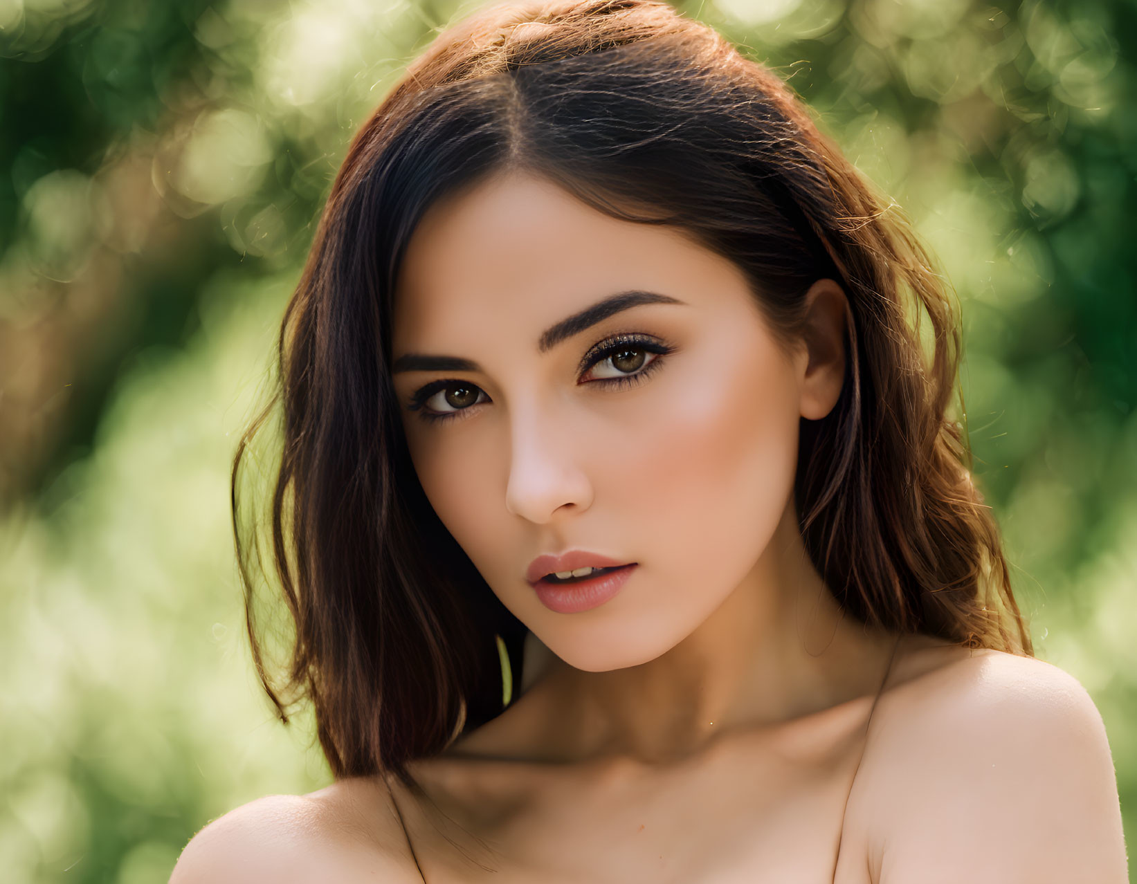 Portrait of woman with brown hair and striking brown eyes against blurred green background