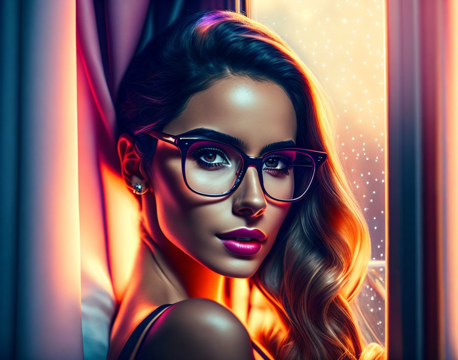 Vibrant neon-lit portrait of a woman with glasses