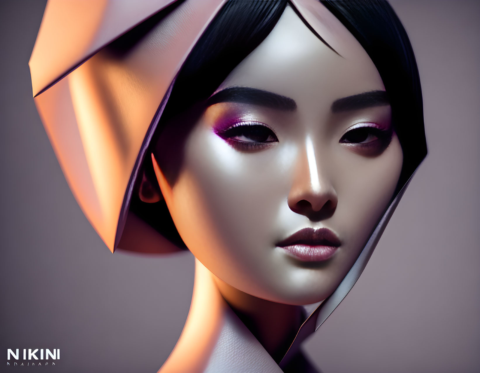 Stylized digital artwork of a female figure with makeup and geometric headpiece