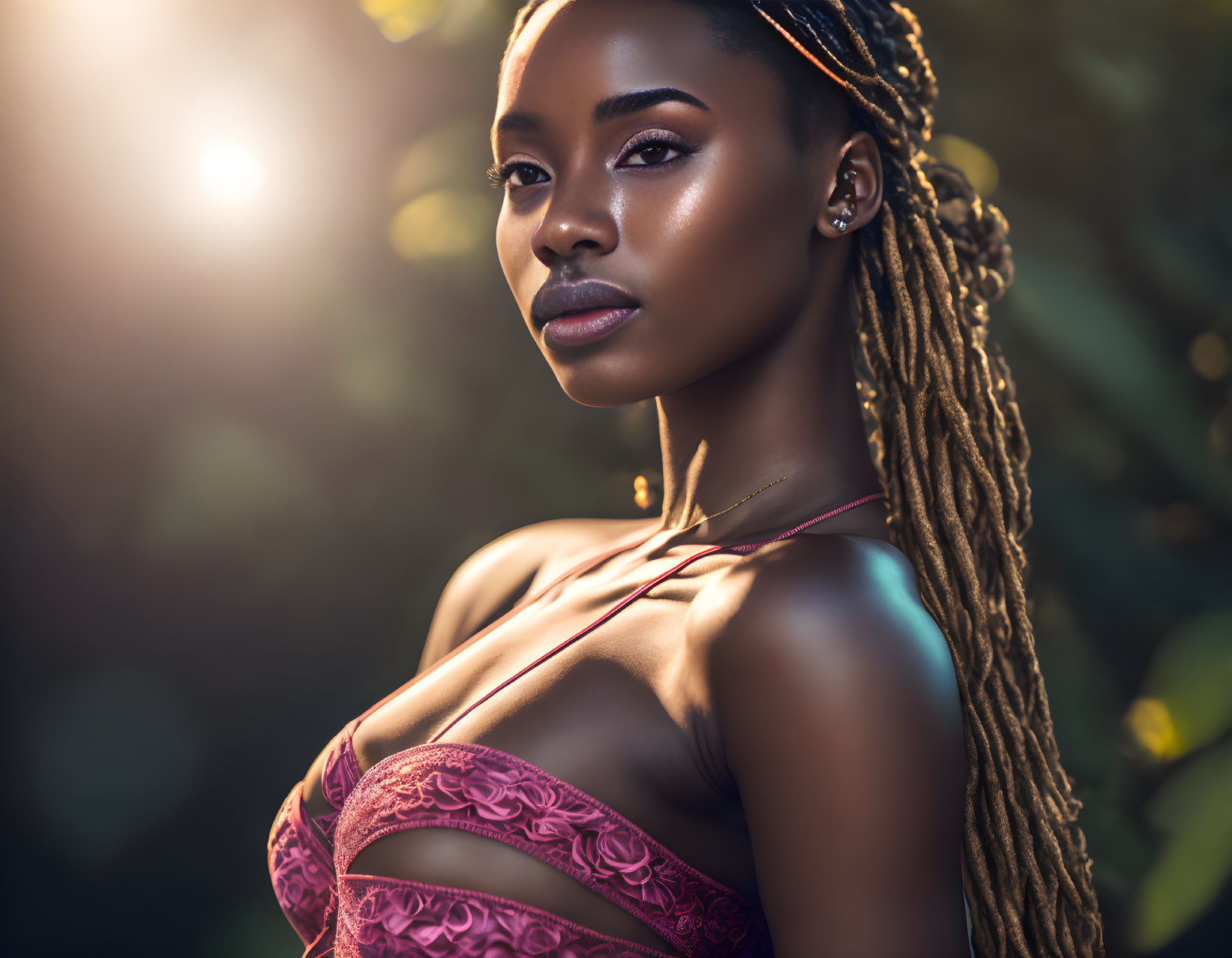 Woman with Braided Hair in Red Top Backlit by Sun on Dark Background