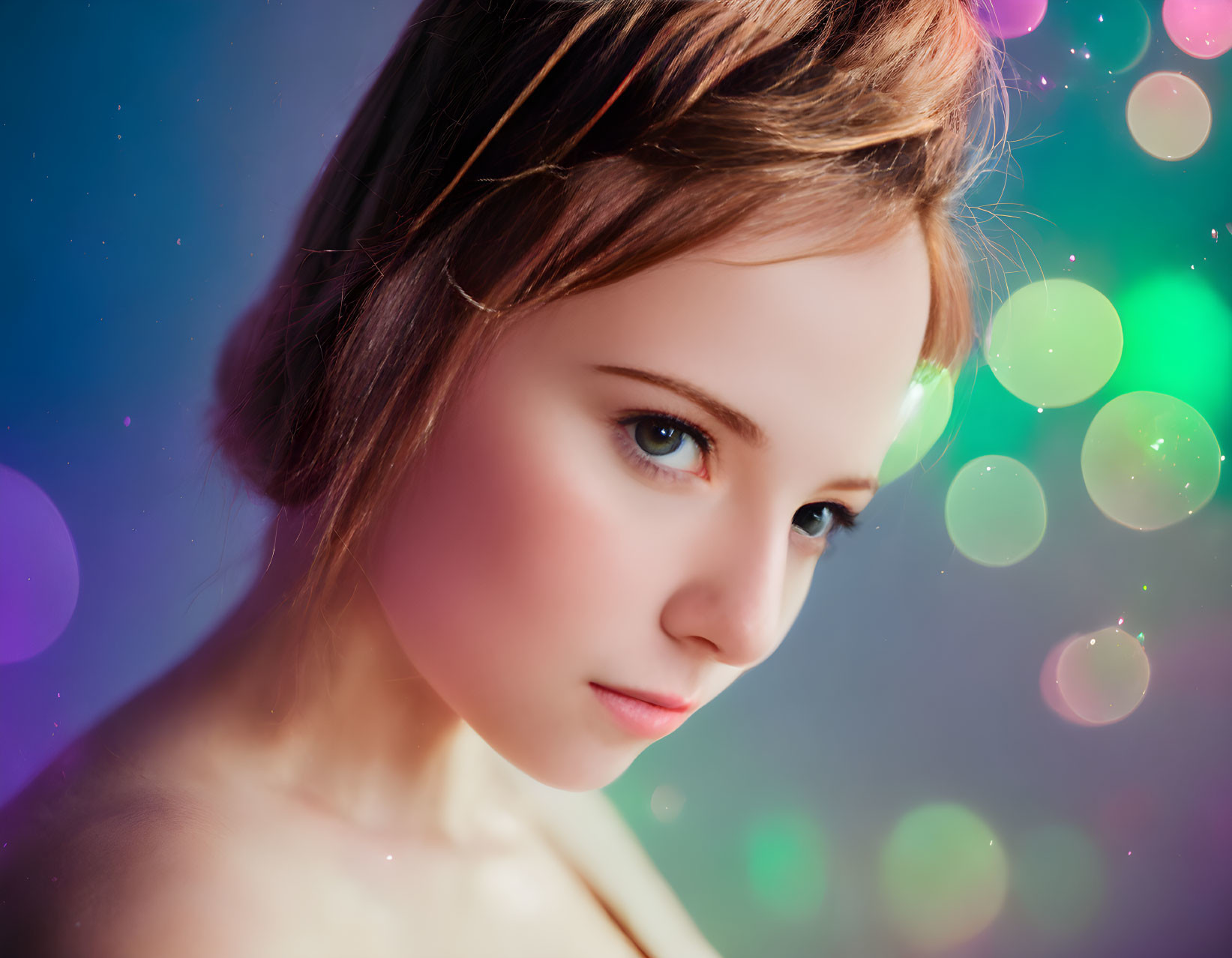 Portrait of young person with clear skin and blue eyes against colorful bokeh.