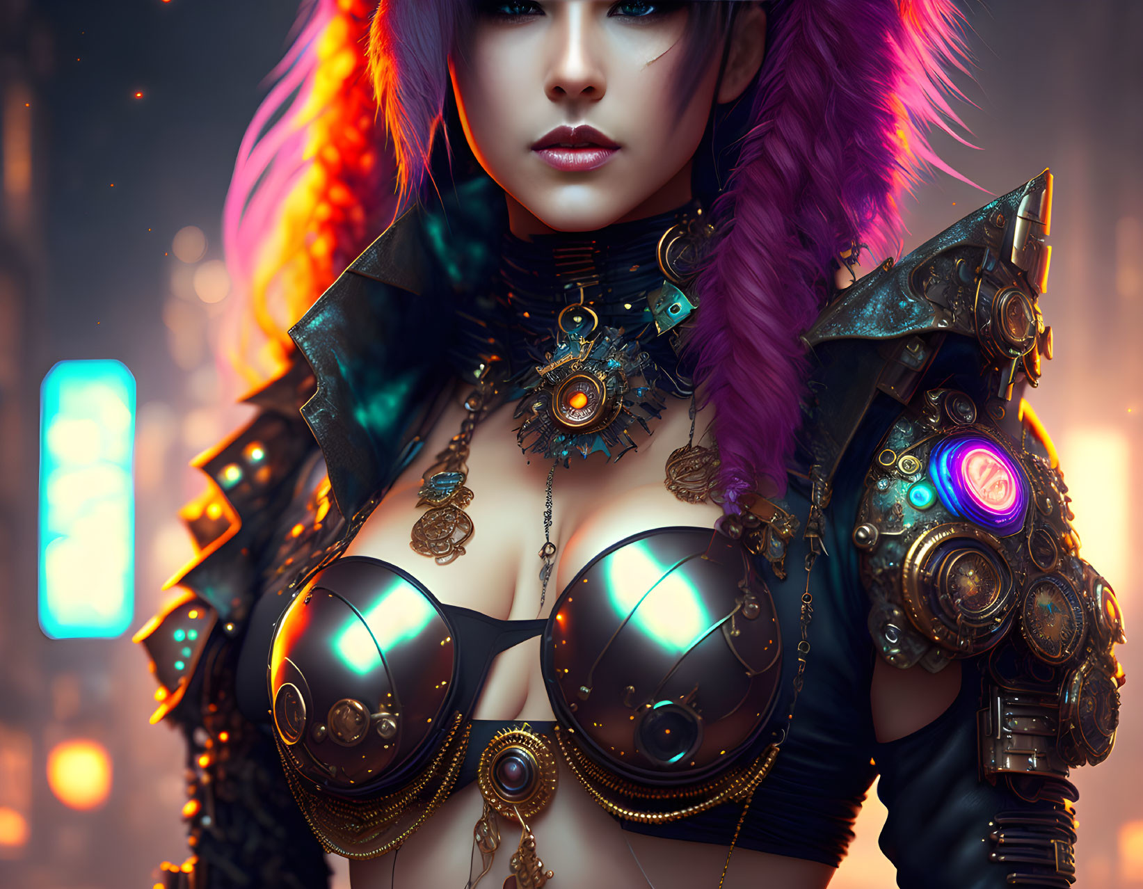 Futuristic Female Character with Vibrant Hair and Sci-Fi Armor