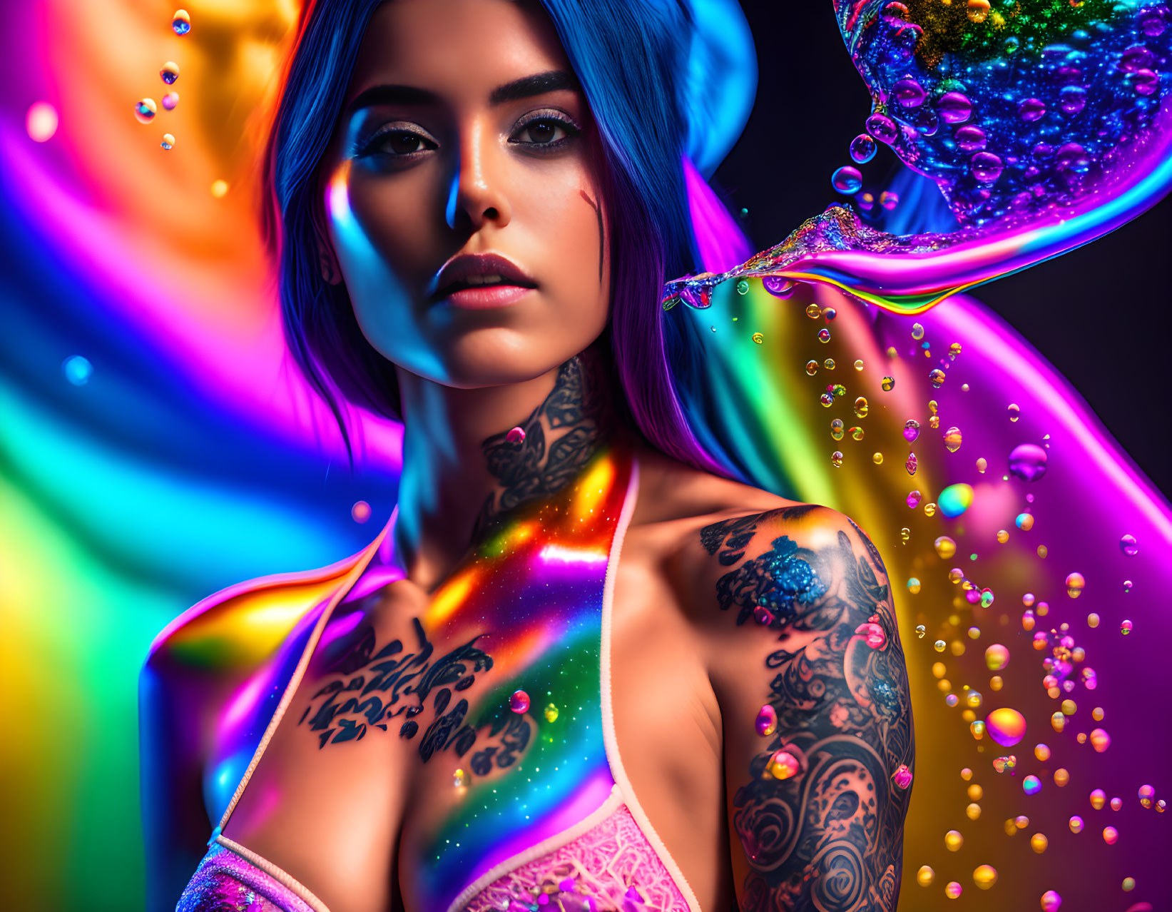 Vibrant artistic portrait of tattooed woman with liquid splashes and neon lights