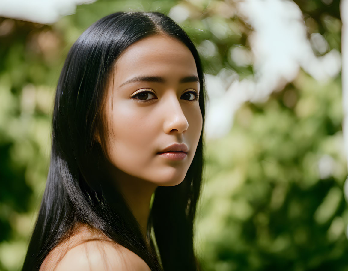 Serene young woman with long dark hair in leafy setting