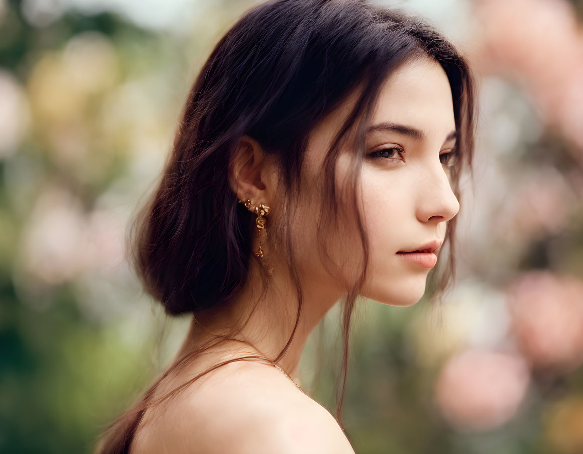 Portrait of Young Woman with Dark Hair and Earring Among Pink Blossoms