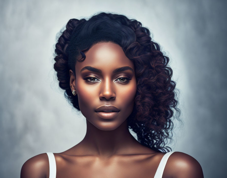 Portrait of a Woman with Dark Curly Hair and Striking Eyes