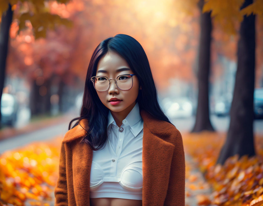 Woman in glasses with white shirt and brown coat standing among autumn leaves.