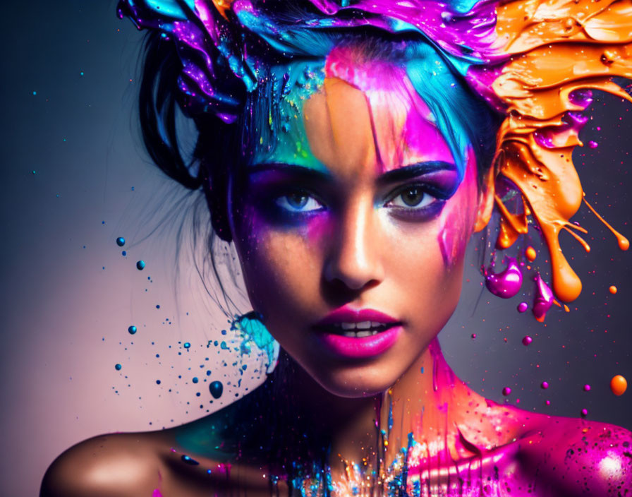 Woman with Vibrant Multicolored Paint Splashes on Face and Hair