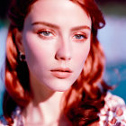 Portrait of woman with red braided hair, blue eyes, metallic attire, soft background