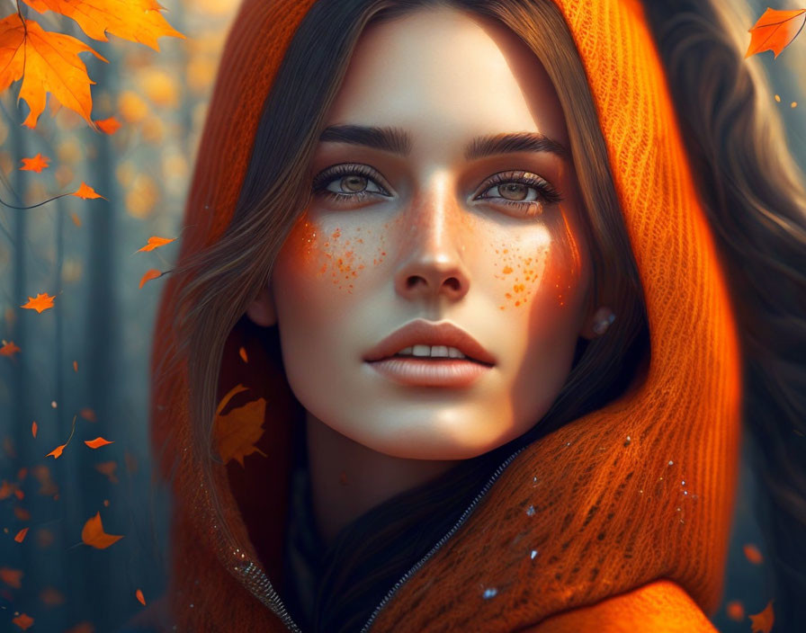 Woman with Green Eyes and Freckles in Orange Scarf Surrounded by Autumn Leaves