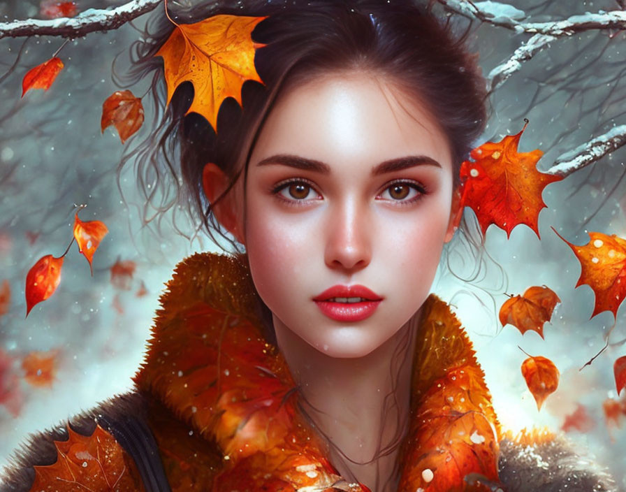 Young woman in wintry scene with snowflakes and autumn leaves.