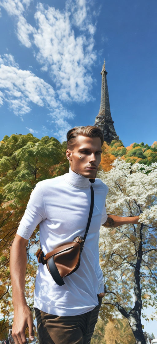 Man in white turtleneck and brown trousers at Eiffel Tower with autumn trees