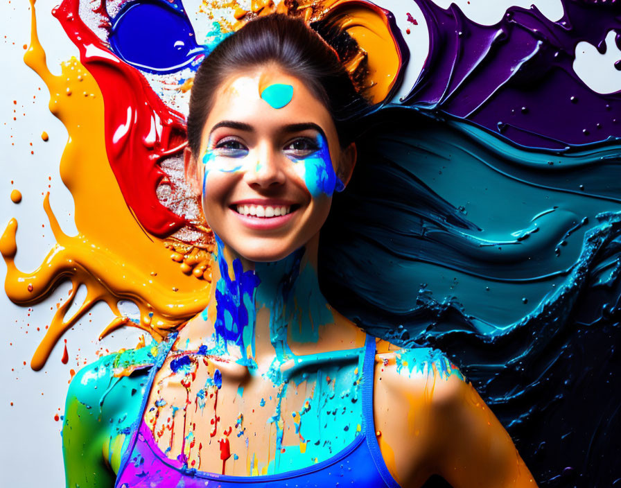 Colorful woman with vibrant paint splashes and blue attire 