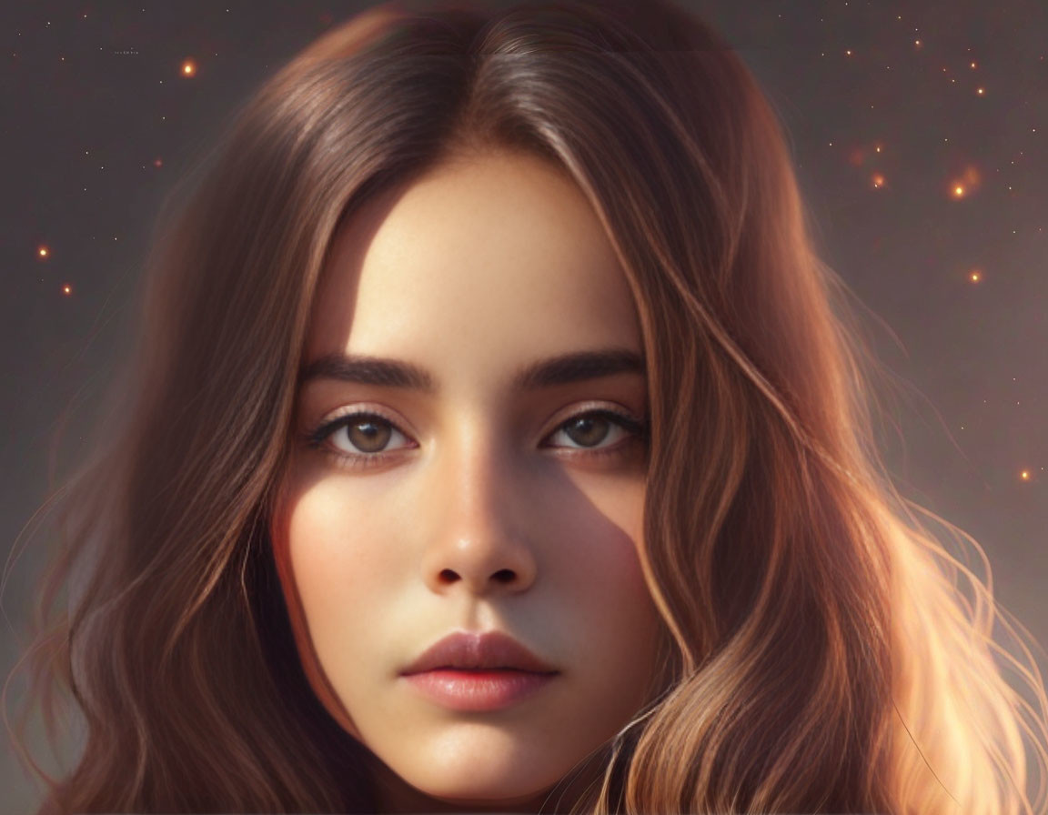 Young Woman with Long Brown Hair and Intense Brown Eyes in Soft Starry Background