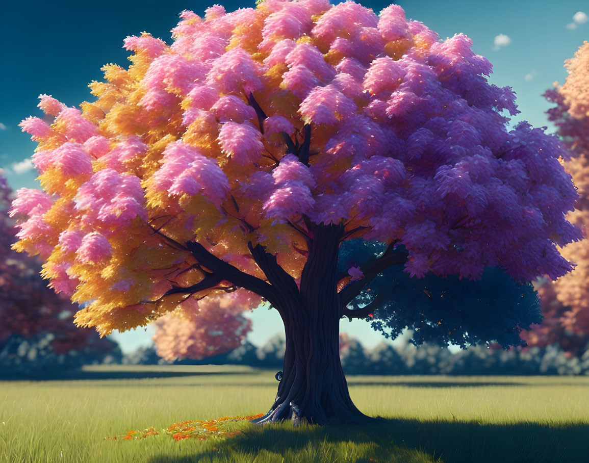 Colorful pink and yellow tree in serene landscape