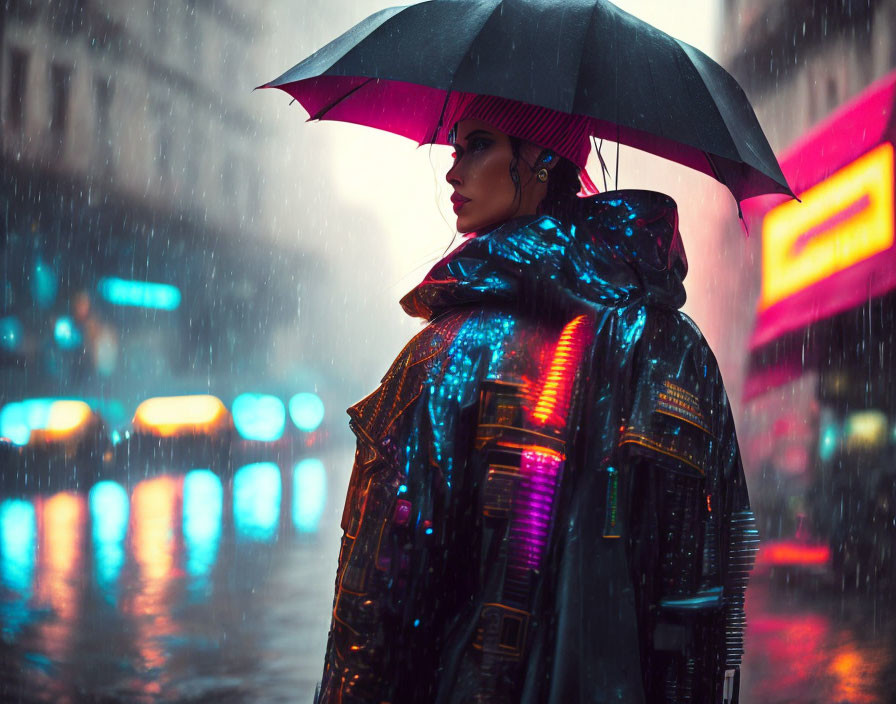 Person with umbrella in rain surrounded by glowing neon signs at night.