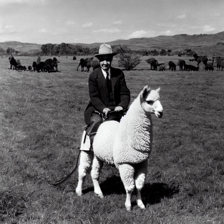 Oppenheimer riding an alpaca