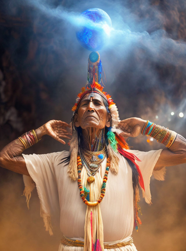 Indigenous person in traditional attire under blue smoke-emitting orb