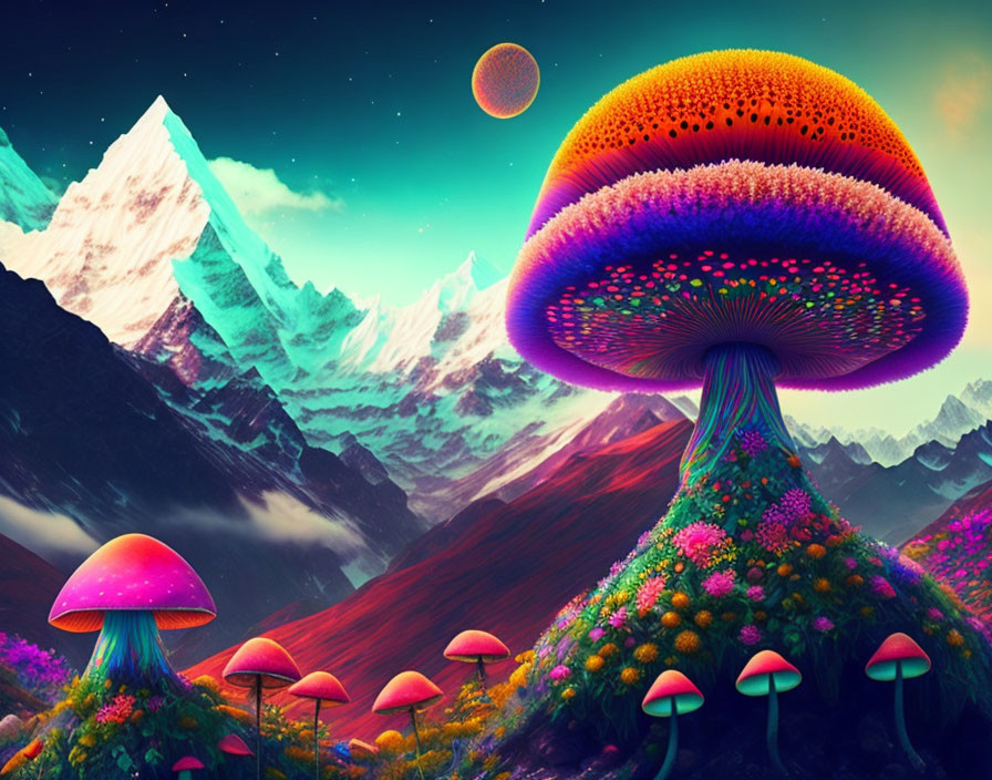 Colorful Fantasy Landscape with Oversized Mushrooms and Moonlit Mountains