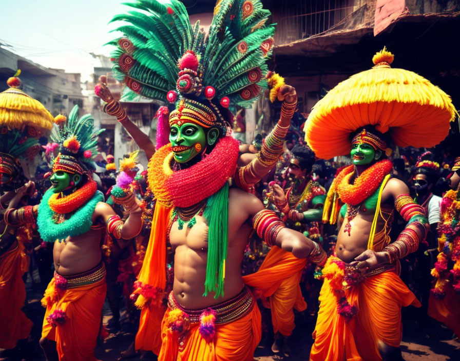 Colorful dancers in ornate costumes and face paint at a lively street festival