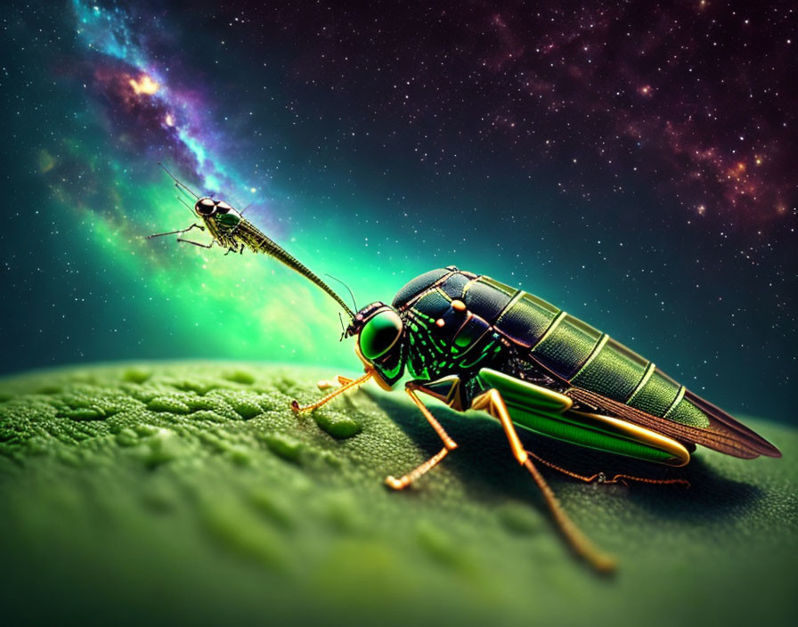 Hyper-realistic insects on green surface with cosmic background