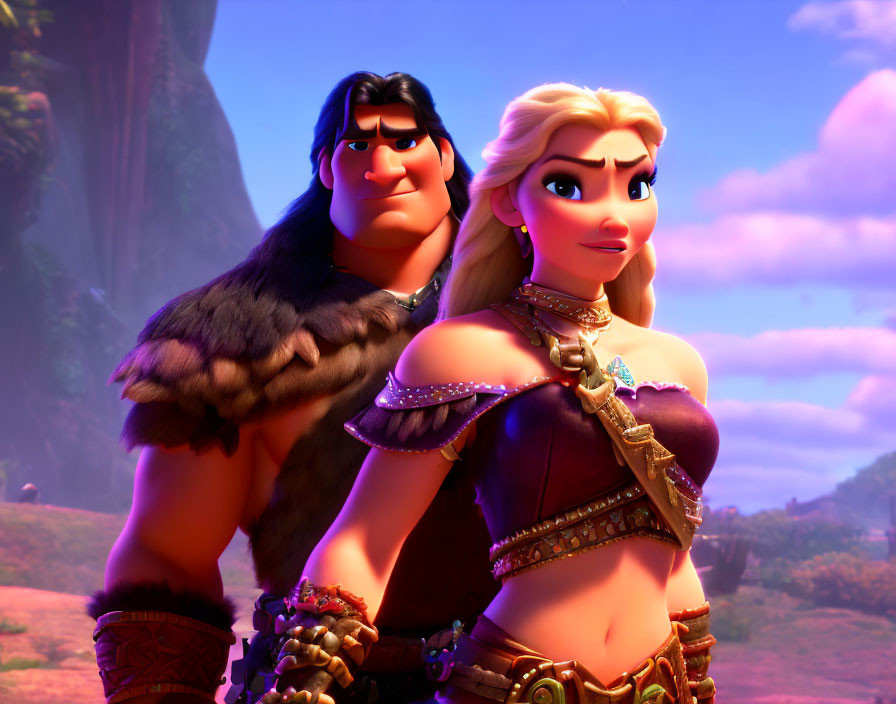 Muscular man and determined woman in warrior attire against sunset-lit landscape