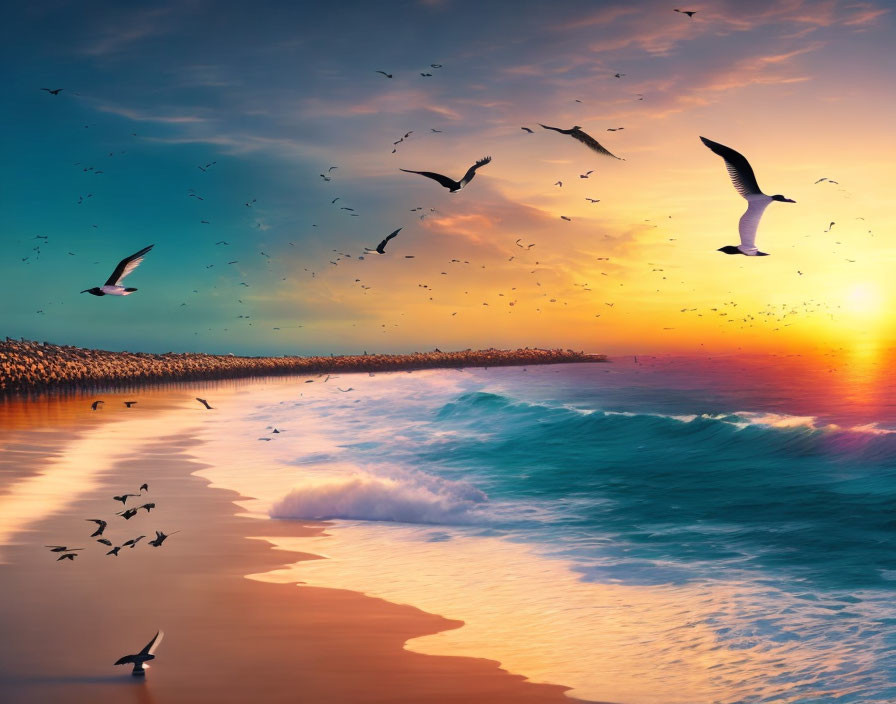 Seagulls flying over serene beach at vibrant sunset