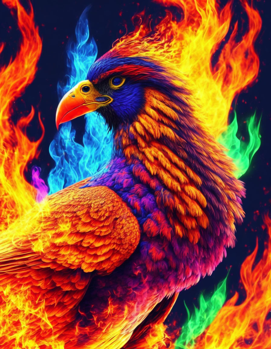 Detailed digital illustration: Eagle in stylized flames with vibrant plumage & intense gaze