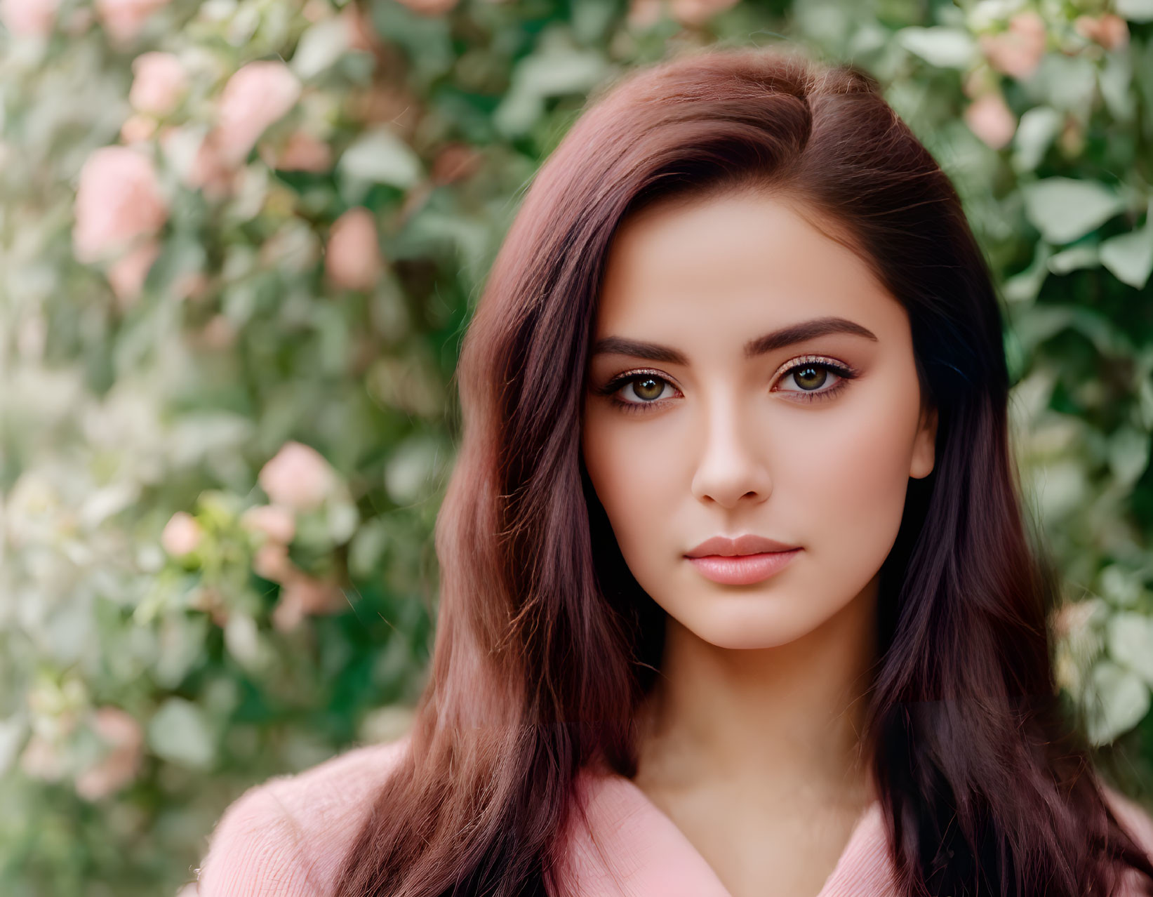 Young woman with long brown hair and makeup posing by pink flowers.