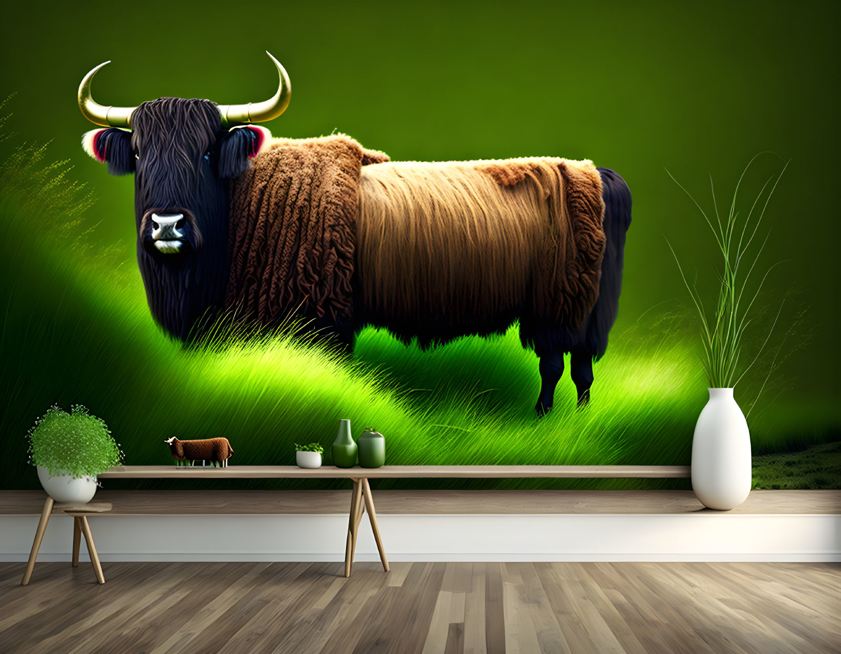 Surreal yak with lush fur on vibrant green grass, indoor setting with decorative vases and miniature