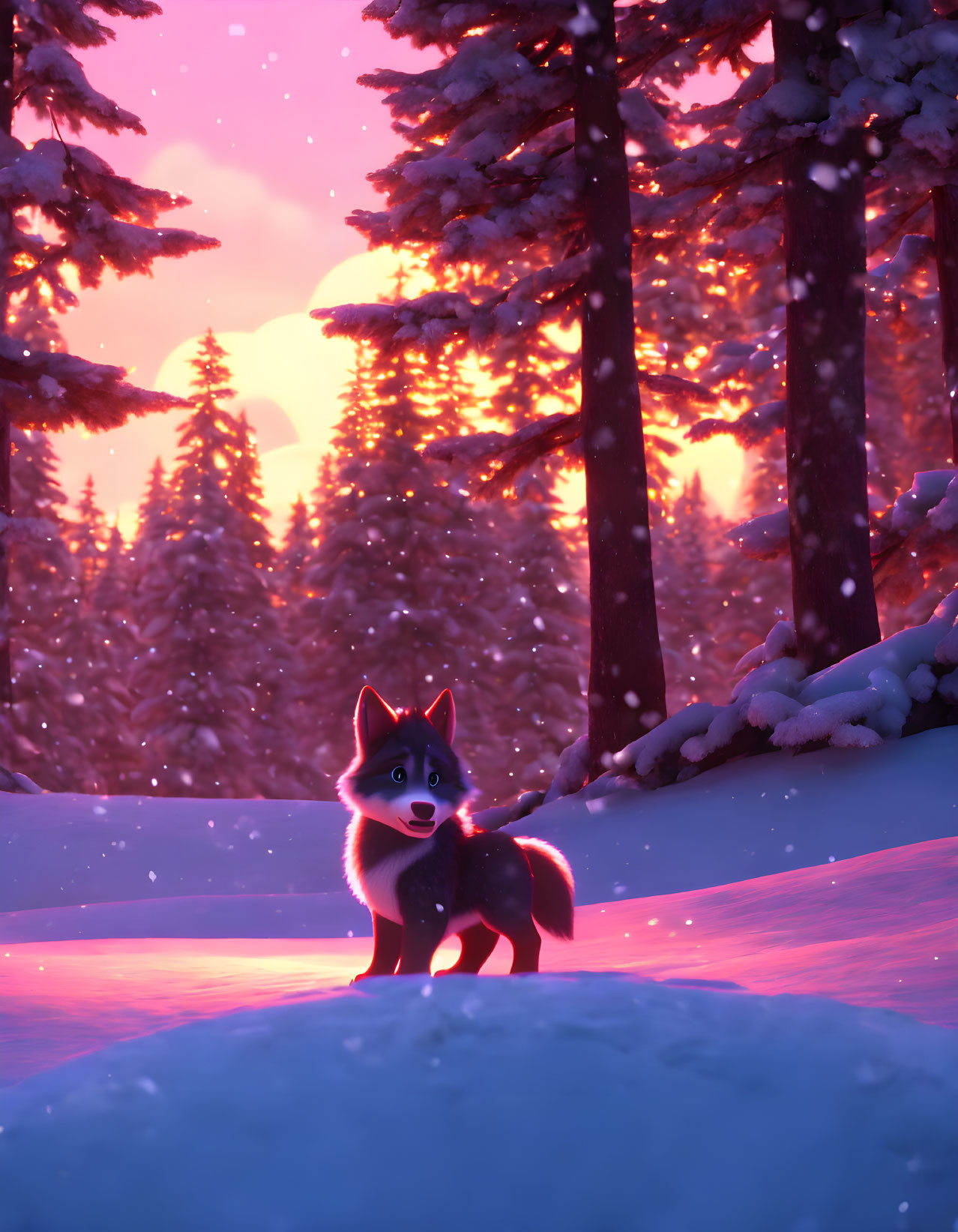 Small Fox in Snowy Forest at Sunset with Pink and Purple Sky