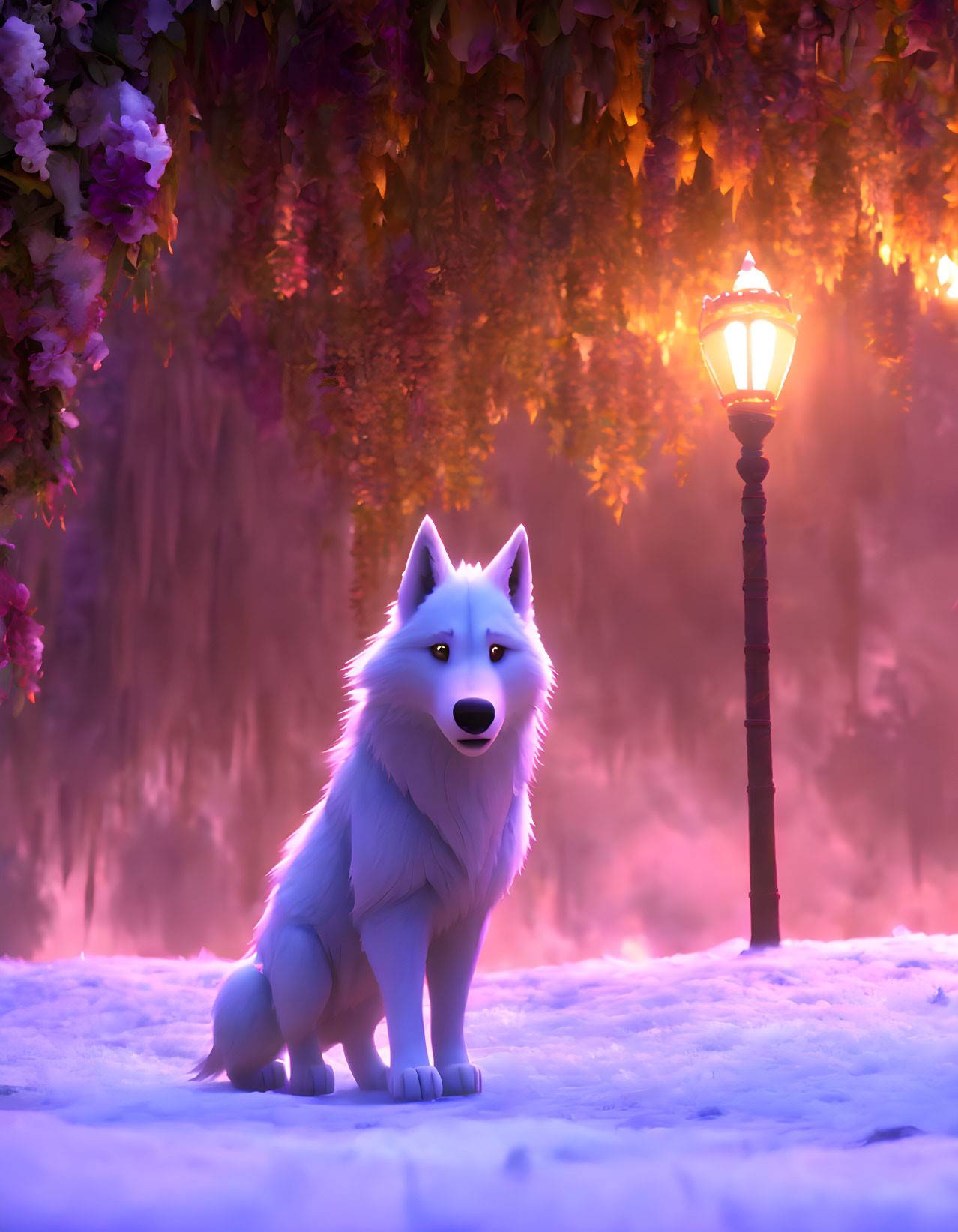 White wolf in snowy twilight with street lamp and colorful vines