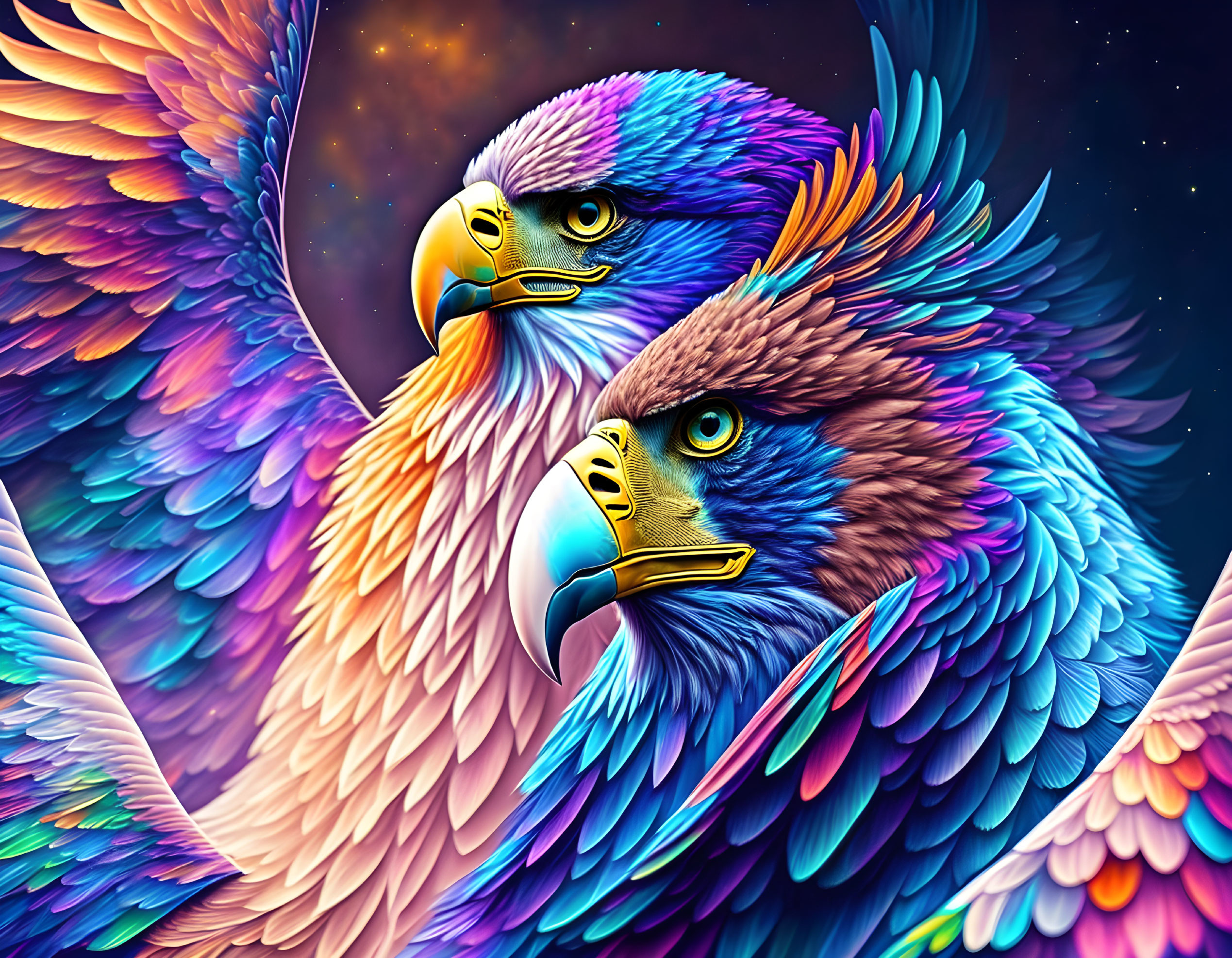 Colorful Stylized Eagles Artwork on Cosmic Background