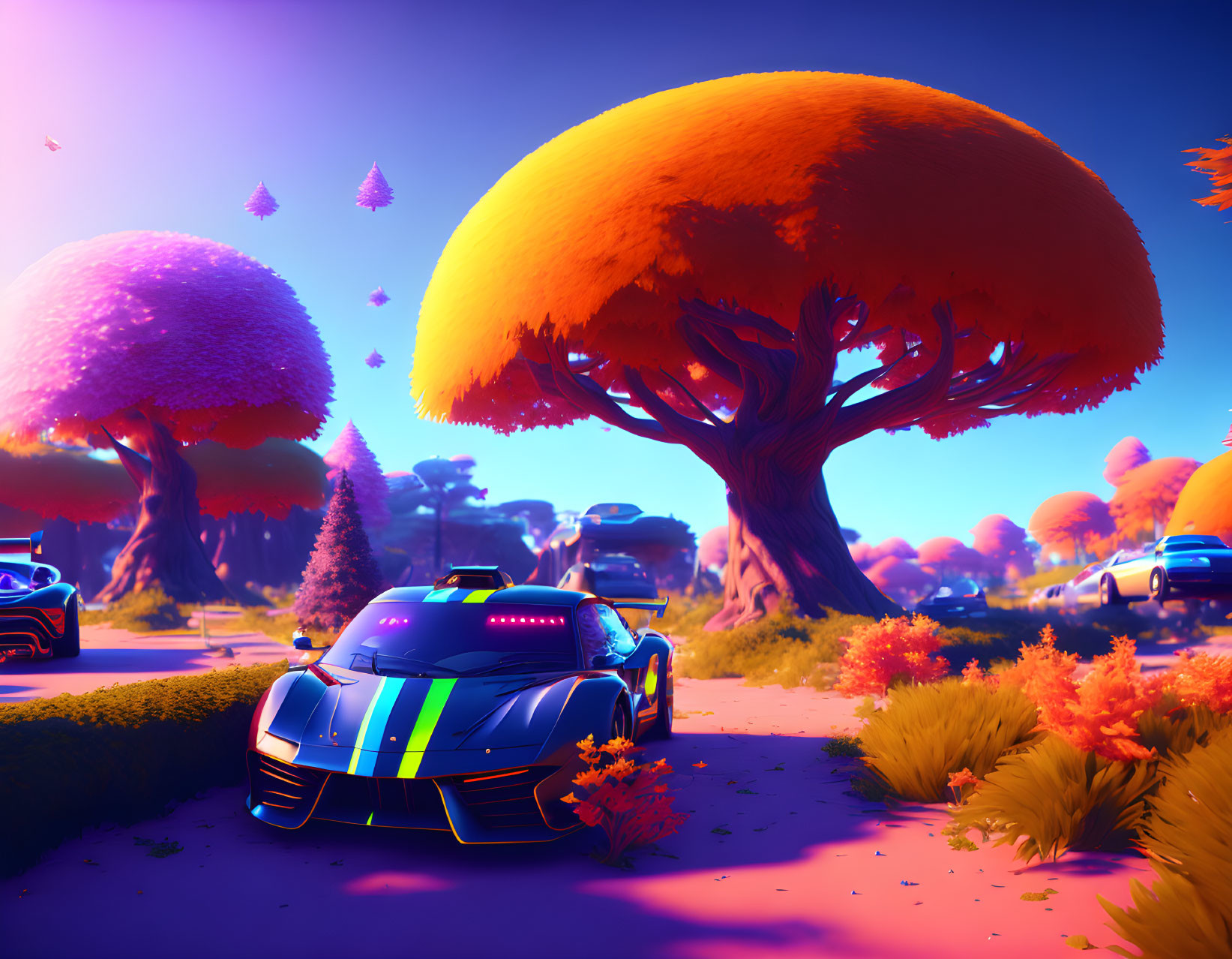 Futuristic cars under oversized orange trees in purple and blue sky