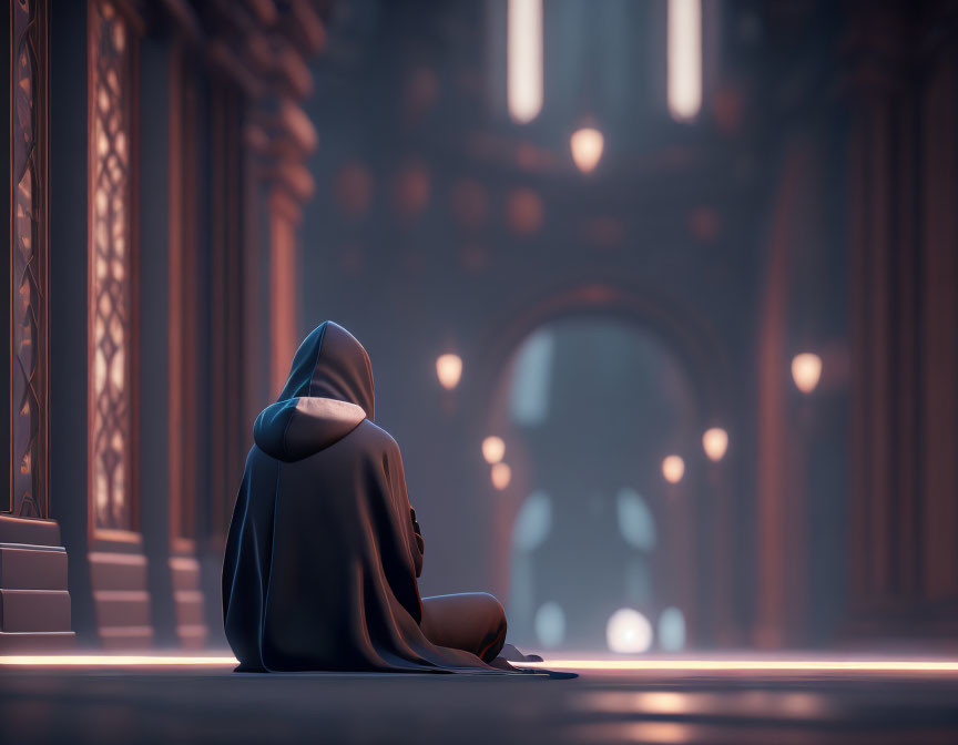 Cloaked figure in ornate, dimly-lit hallway with tall columns.