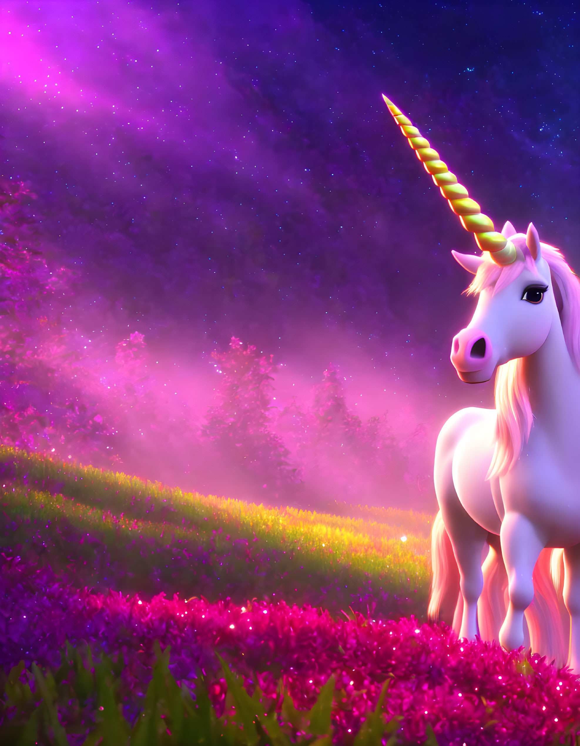 Majestic white unicorn with rainbow horn in vibrant purple meadow